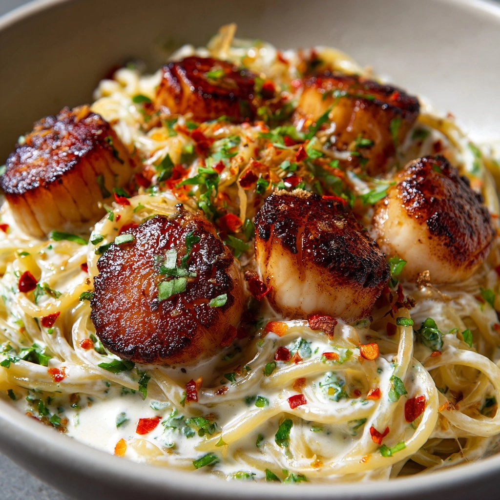 Creamy Tuscan Spaghetti with Jumbo Scallops Recipe - Recipe Image