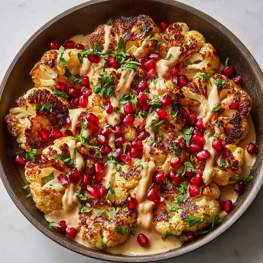 Roasted Cauliflower with Garlic Tahini Sauce and Pomegranate Recipe - Recipe Image