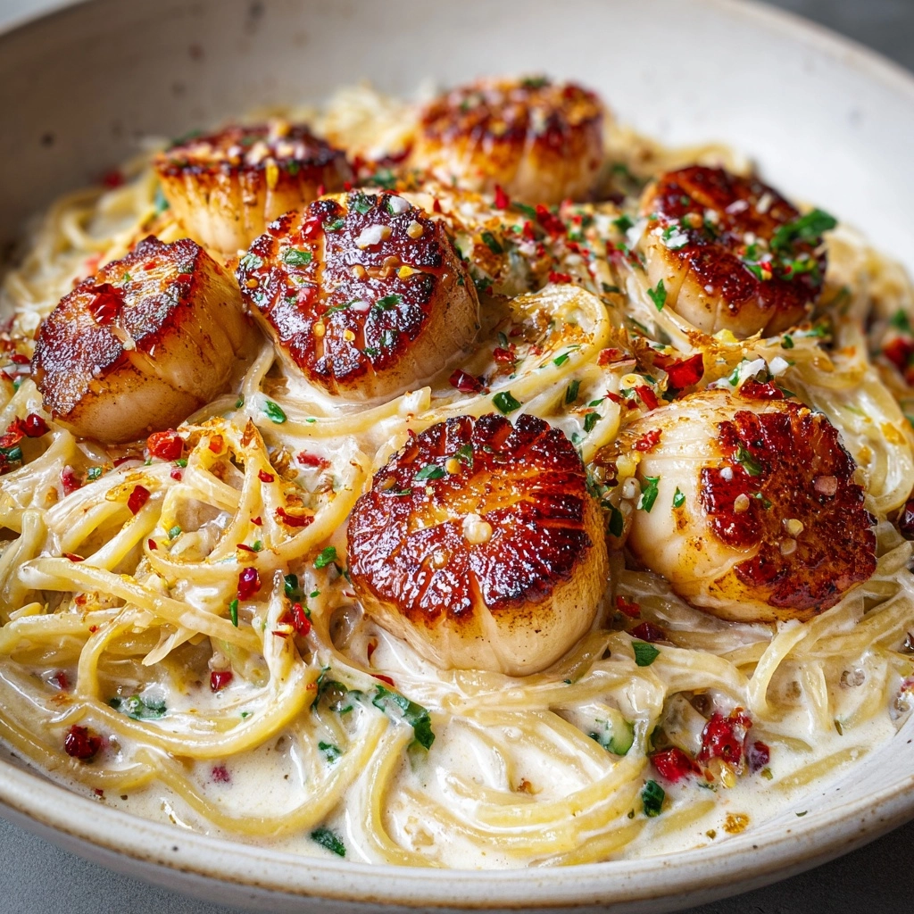 Creamy Tuscan Spaghetti with Jumbo Scallops Recipe