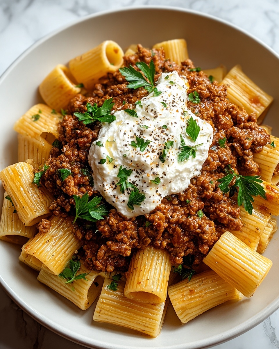 Grandma’s Meat Sauce Pasta with Burrata Recipe - Recipe Image