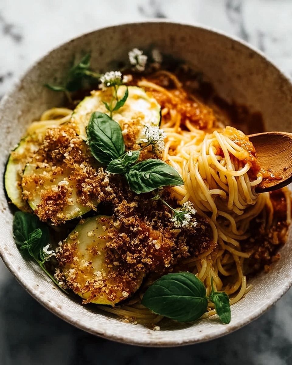 Crispy Zucchini Spaghetti with Cherry Tomatoes, Garlic, and Basil Recipe - Recipe Image