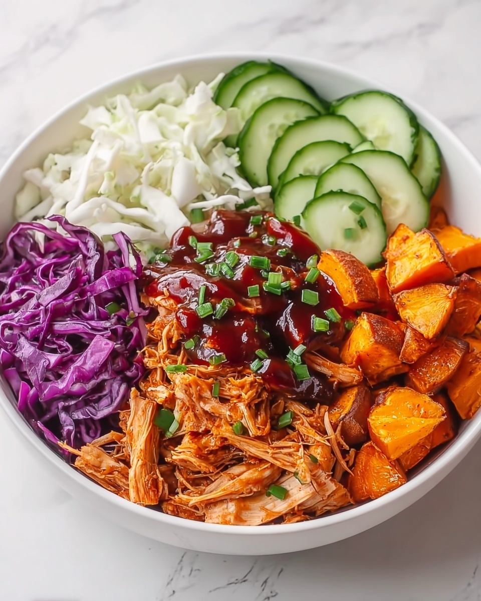 BBQ Chicken Bowls with Sweet Potatoes, Coleslaw, and Pickles Recipe - Recipe Image