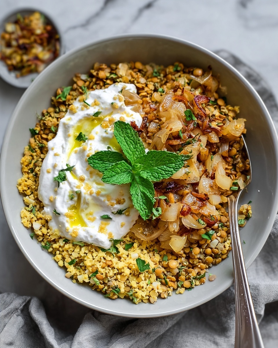 Mujaddarat Bulgur with Cucumber Mint Yogurt Recipe - Recipe Image