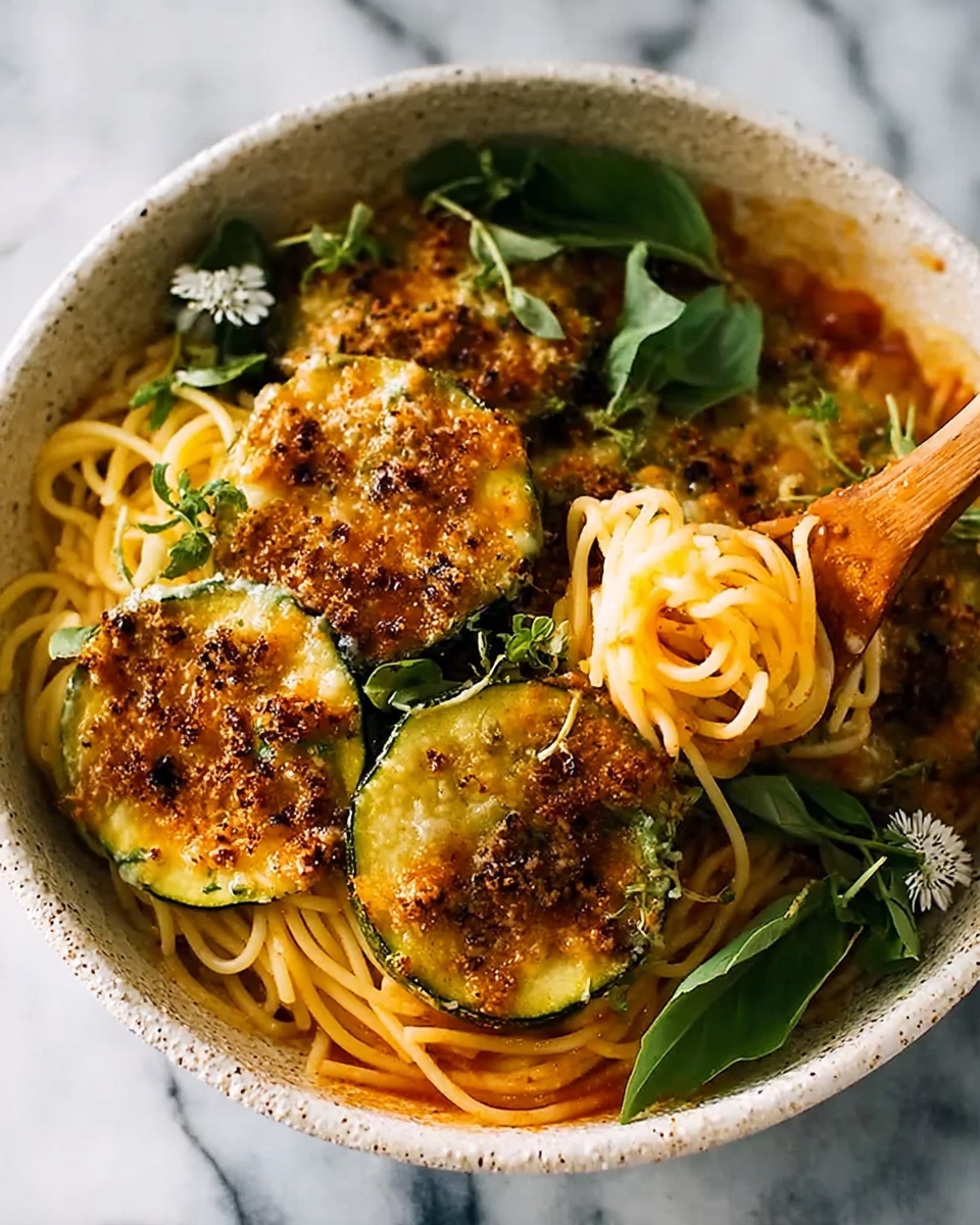 Crispy Zucchini Spaghetti with Cherry Tomatoes, Garlic, and Basil Recipe - Recipe Image