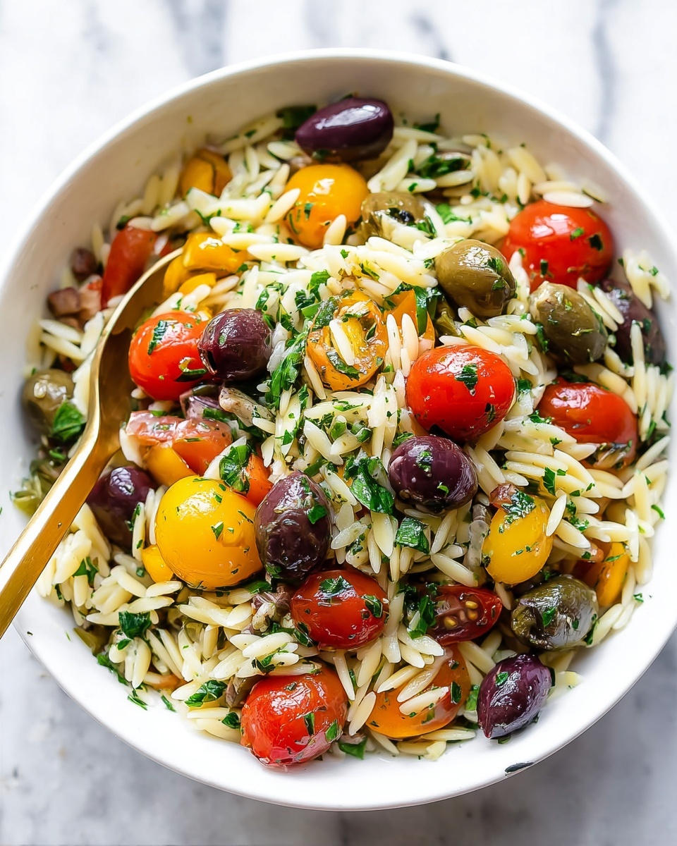 Orzo Pasta Salad with Cherry Tomatoes, Artichokes, Olives, and Chicken Recipe - Recipe Image