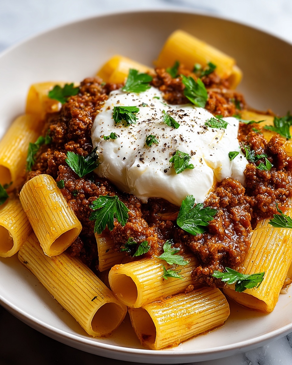 Grandma’s Meat Sauce Pasta with Burrata Recipe - Recipe Image