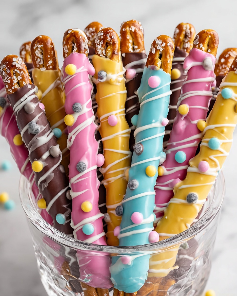 Easter Pretzel Rods with White Chocolate, Candy Melts, and Pastel M&Ms Recipe - Recipe Image