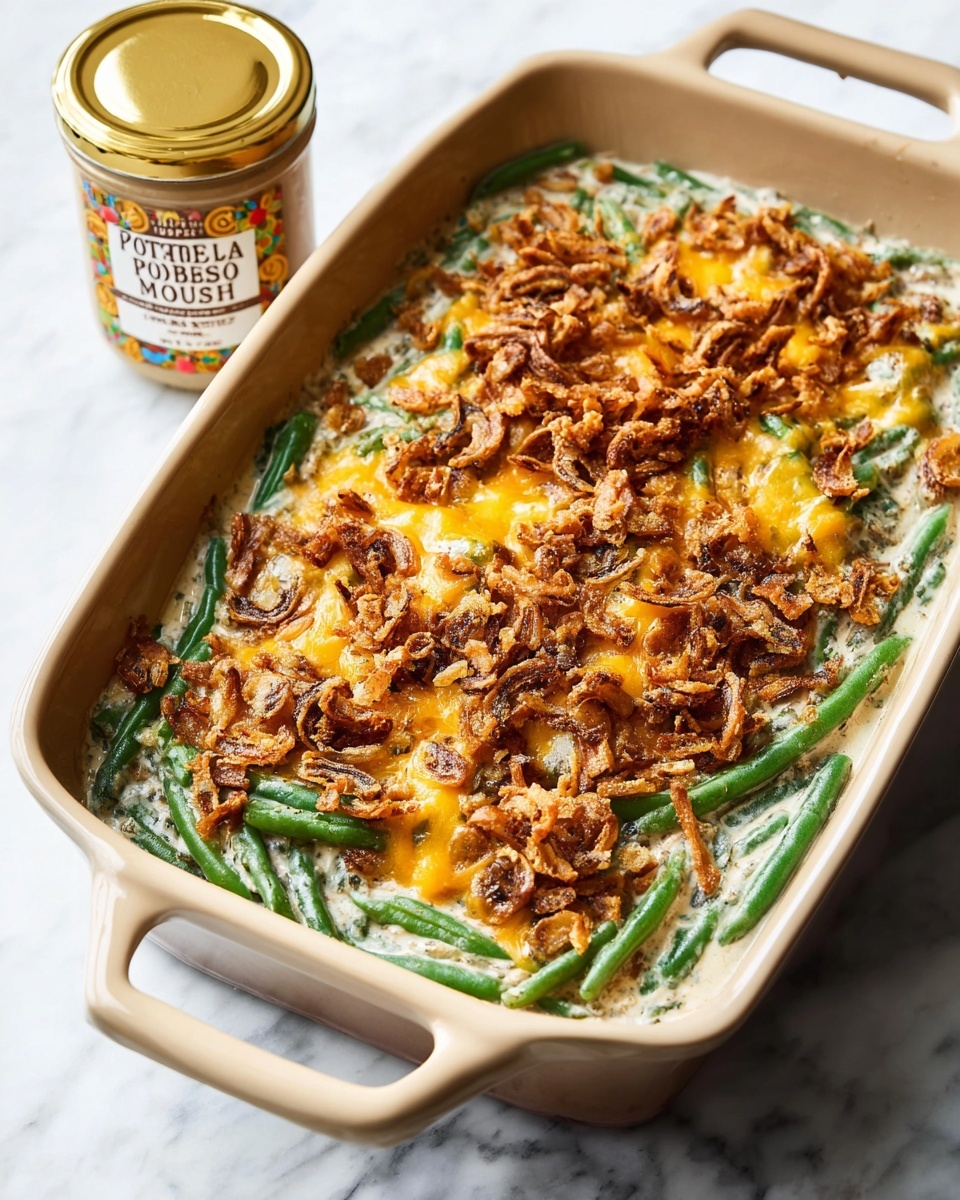 Fresh Green Bean Casserole with Portabella Mushroom Bisque and Crispy Fried Onions Recipe - Recipe Image