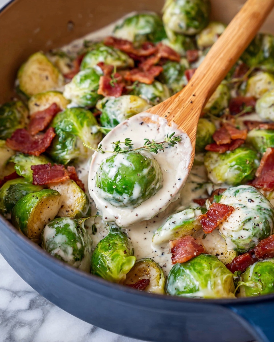 Brussels Sprouts in Creamy Alfredo Sauce with Bacon Recipe - Recipe Image