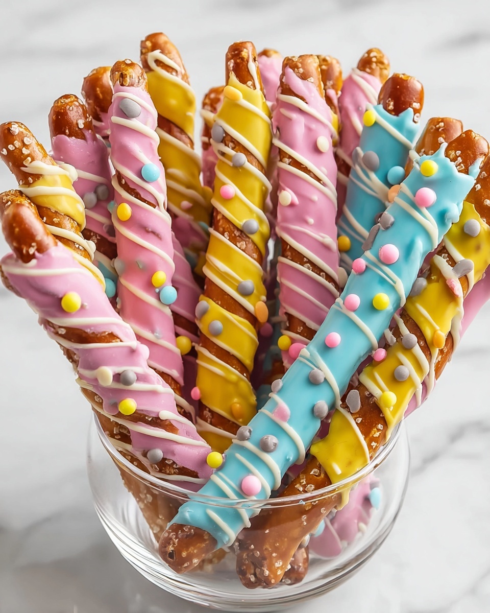 Easter Pretzel Rods with White Chocolate, Candy Melts, and Pastel M&Ms Recipe - Recipe Image