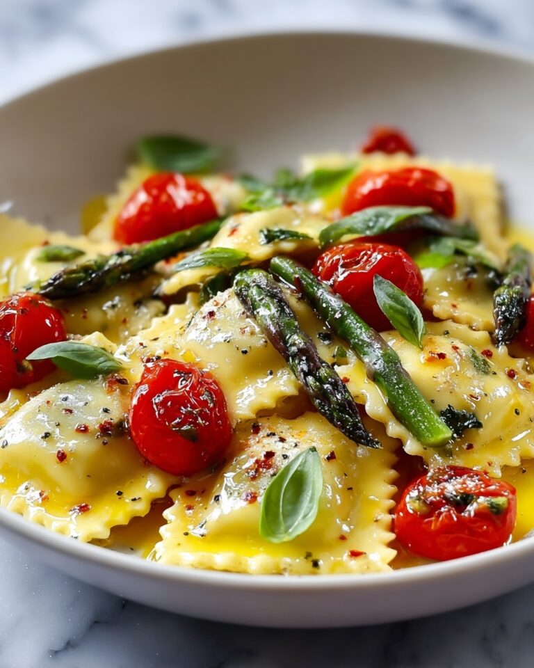 Ravioli with Tomatoes, Asparagus, Garlic, and Herbs Recipe