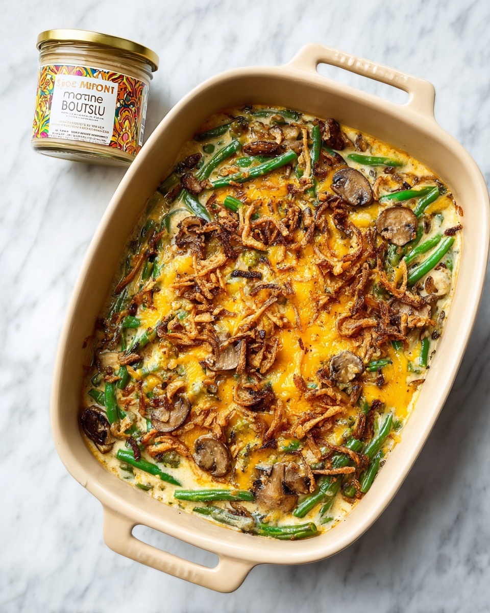 Fresh Green Bean Casserole with Portabella Mushroom Bisque and Crispy Fried Onions Recipe - Recipe Image
