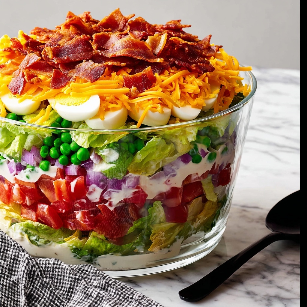 Layer Salad with Bacon, Eggs, Tomatoes, Cheese, and Green Peas Recipe - Recipe Image
