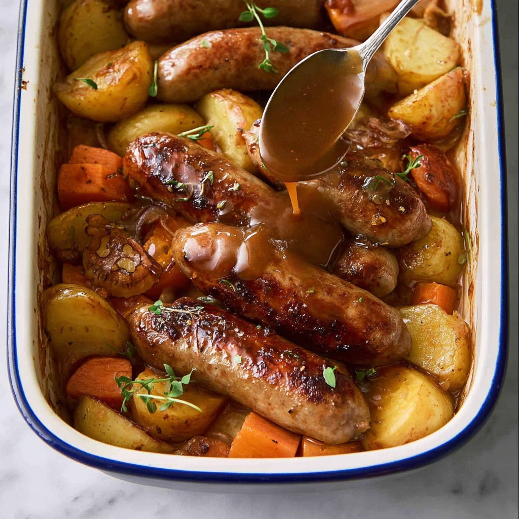 Oven Baked Sausages with Potatoes, Vegetables, and Gravy Recipe - Recipe Image