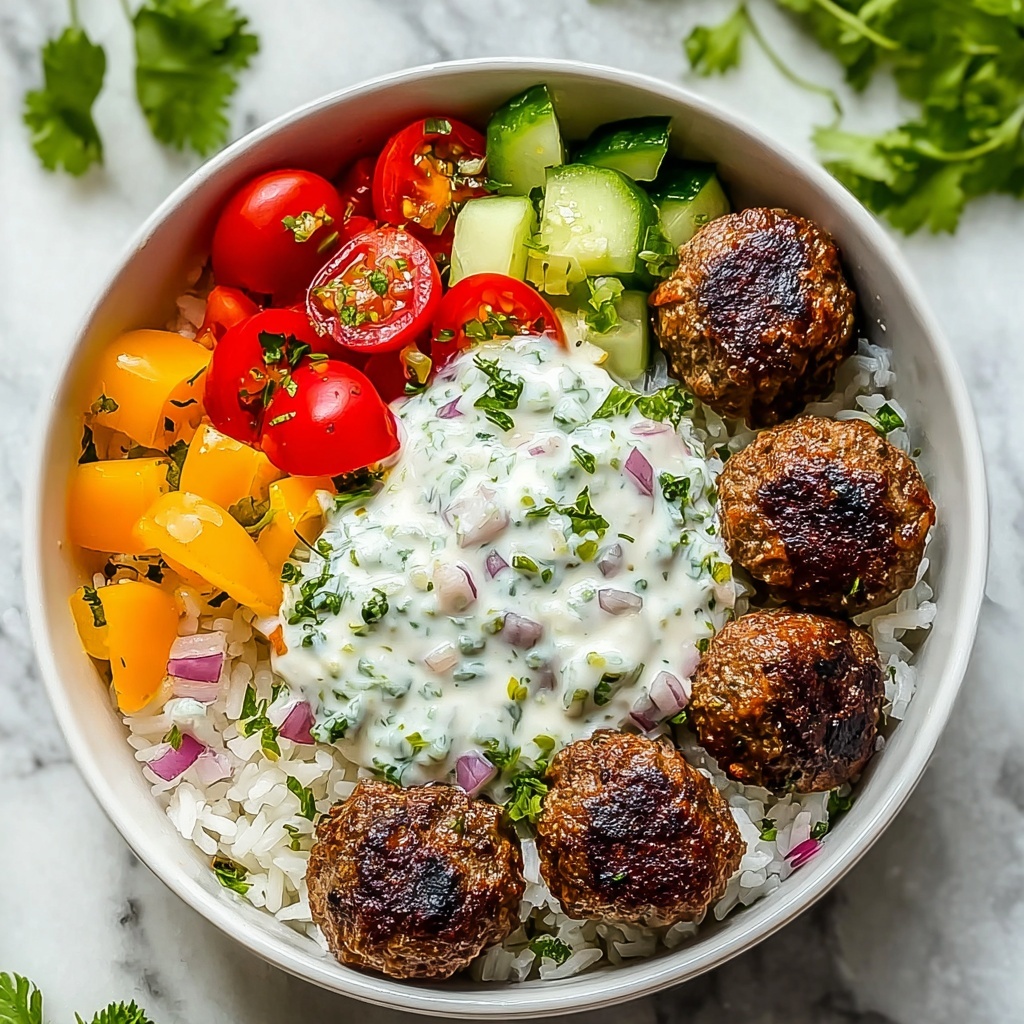 Greek Meatball Bowl with Tzatziki, Rice & Fresh Veggies Recipe - Recipe Image