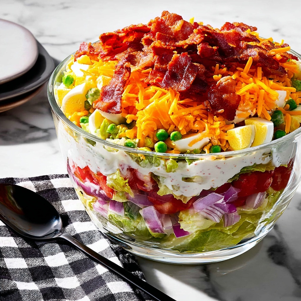 Layer Salad with Bacon, Eggs, Tomatoes, Cheese, and Green Peas Recipe - Recipe Image