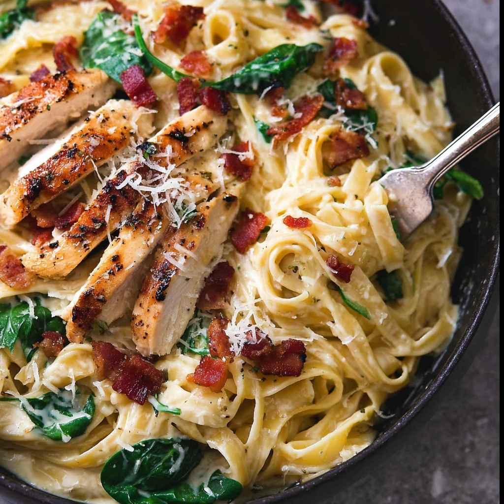 Creamy Chicken Pasta with Sun-Dried Tomatoes and Bacon Recipe - Recipe Image