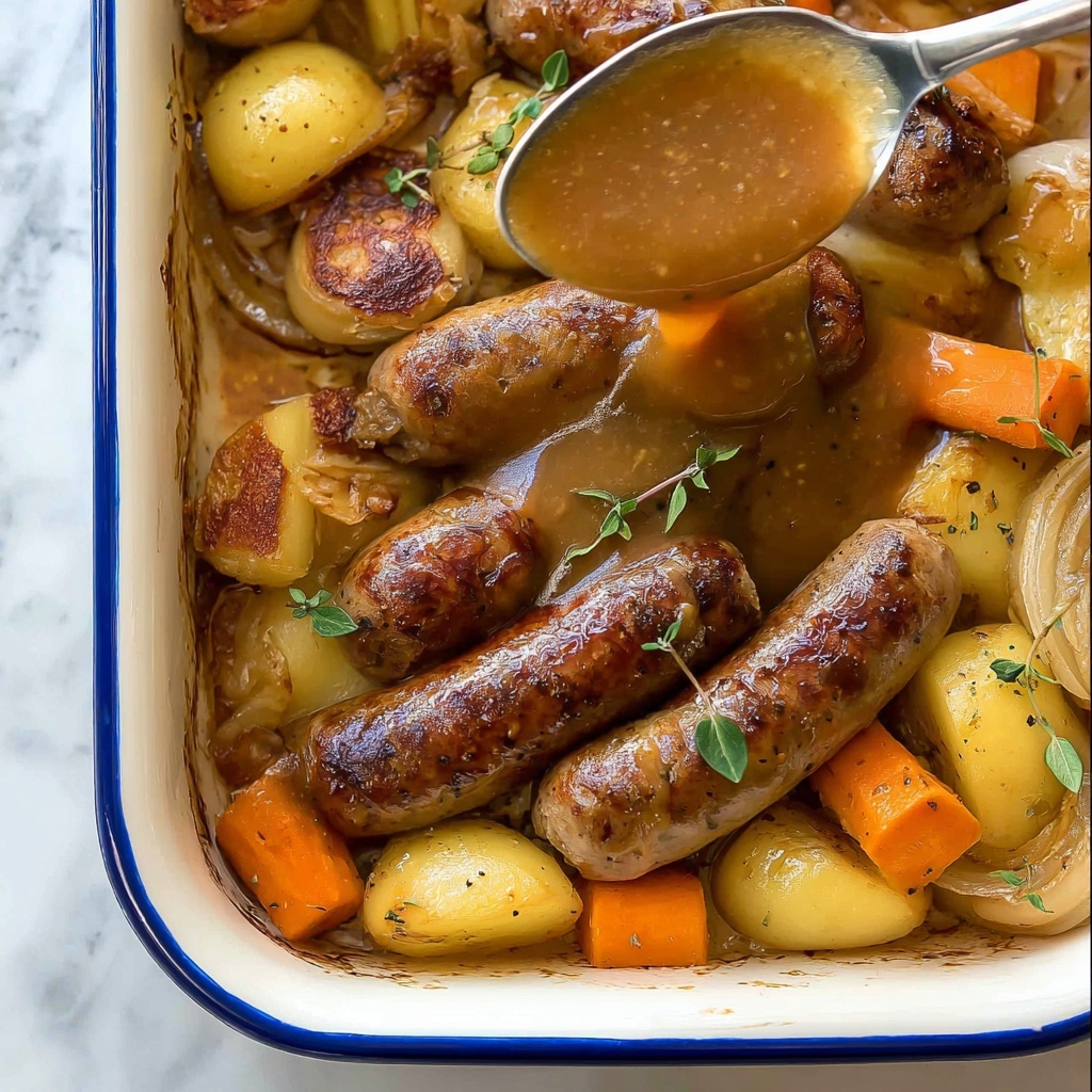 Oven Baked Sausages with Potatoes, Vegetables, and Gravy Recipe - Recipe Image