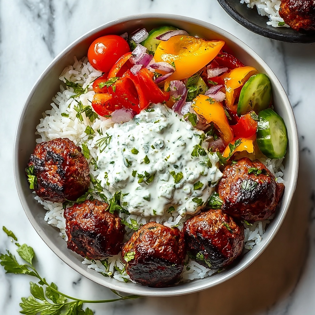 Greek Meatball Bowl with Tzatziki, Rice & Fresh Veggies Recipe - Recipe Image