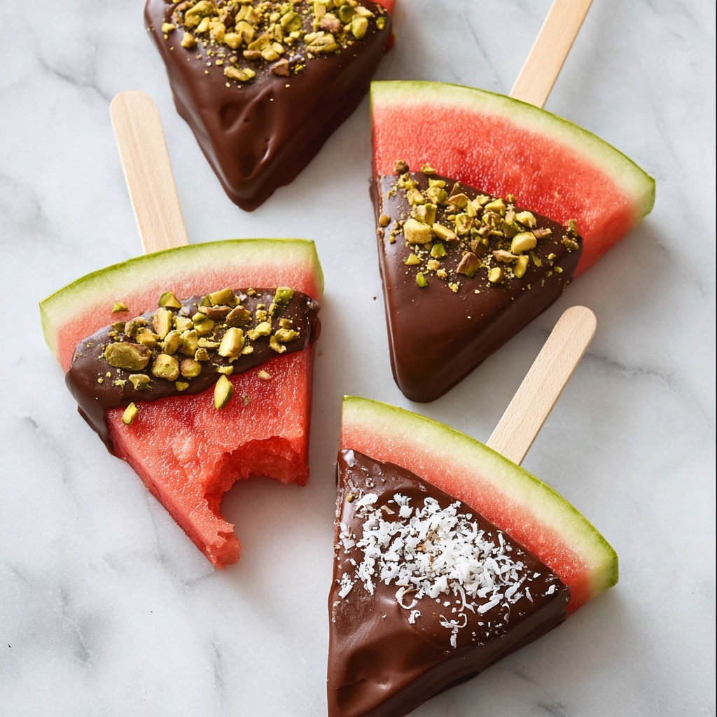 Dark Chocolate Dipped Watermelon with Sea Salt, Pistachios, and Coconut Recipe - Recipe Image