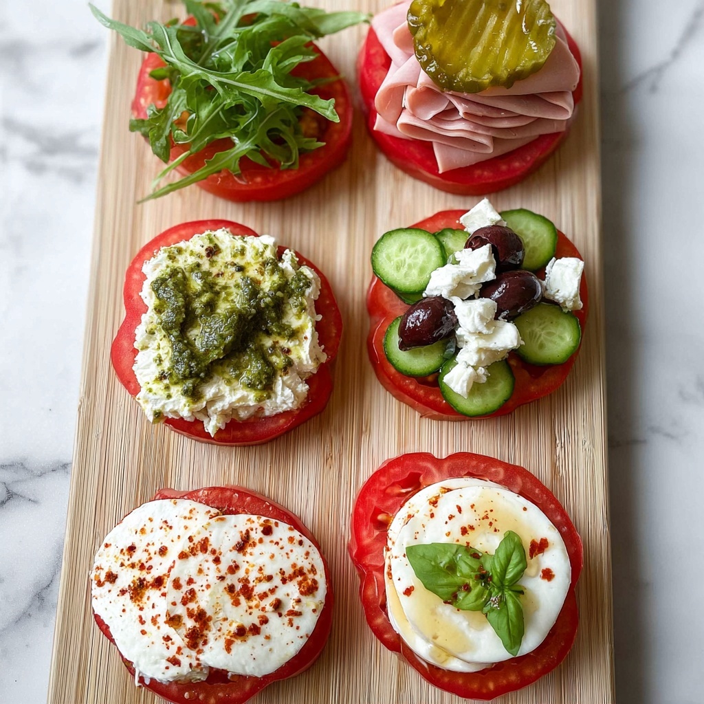 Heirloom Tomato Tasting Flight with Burrata, Pesto, and Fresh Toppings Recipe - Recipe Image