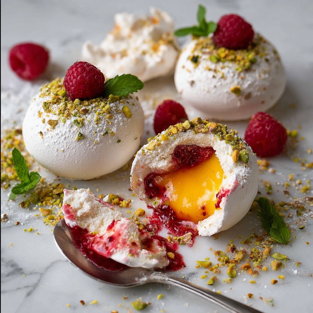 Pavlova Bombs with Raspberry Coulis and Cream Recipe - Recipe Image