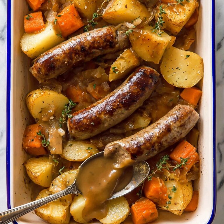 Oven Baked Sausages with Potatoes, Vegetables, and Gravy Recipe