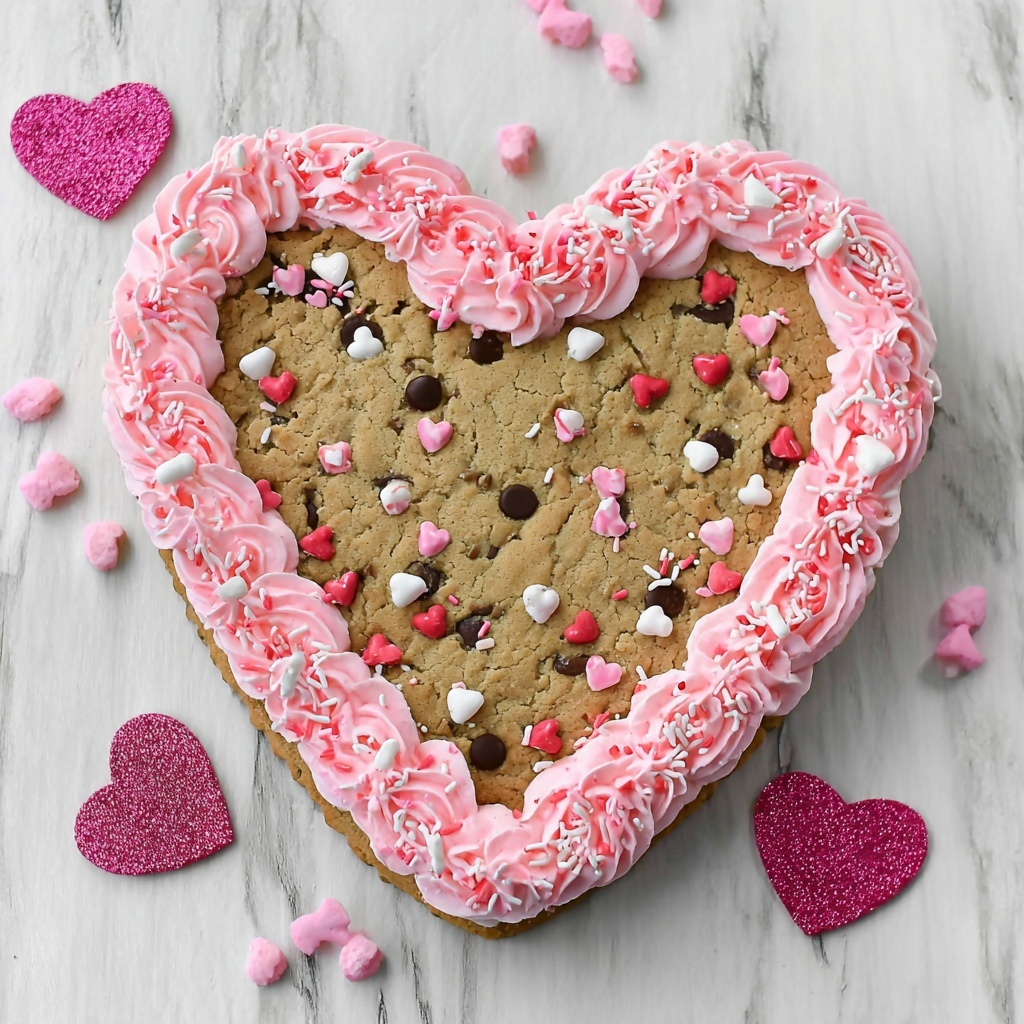 Heart Shaped Chocolate Chip Cookie Cake with Pink M&Ms and Sprinkles Recipe - Recipe Image