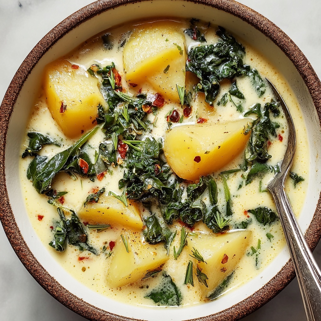 Creamy Vegan Potato Kale Soup Recipe - Recipe Image