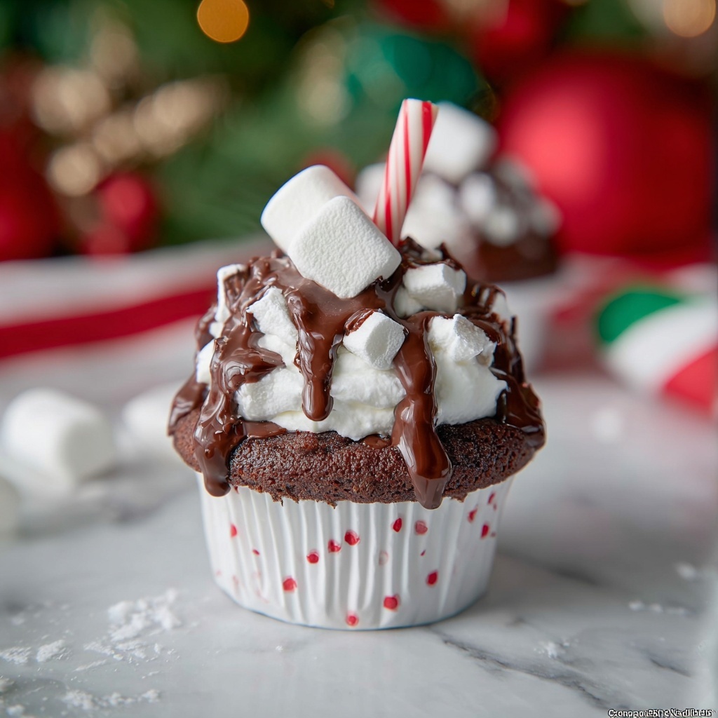 Hot Chocolate Cupcakes with Melty Marshmallow Center and Peppermint Sprinkles Recipe - Recipe Image