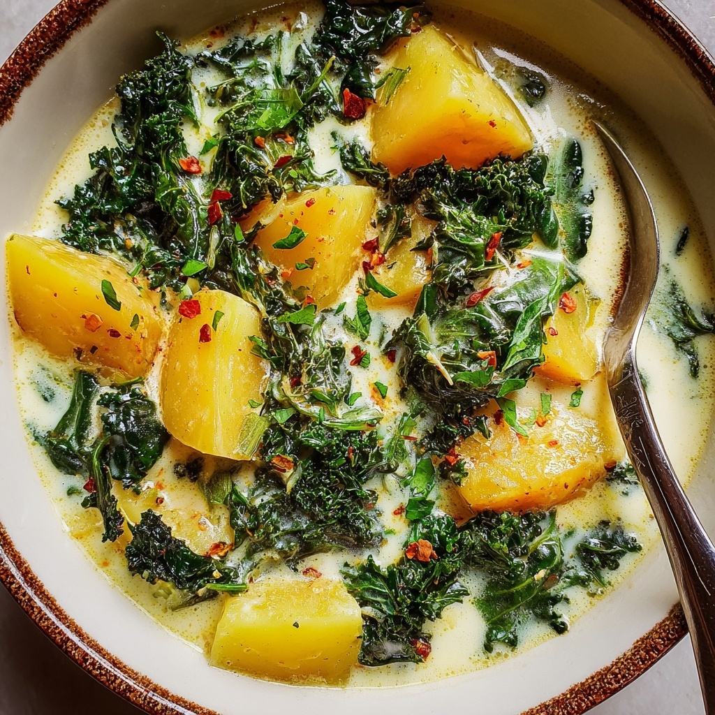 Creamy Vegan Potato Kale Soup Recipe - Recipe Image