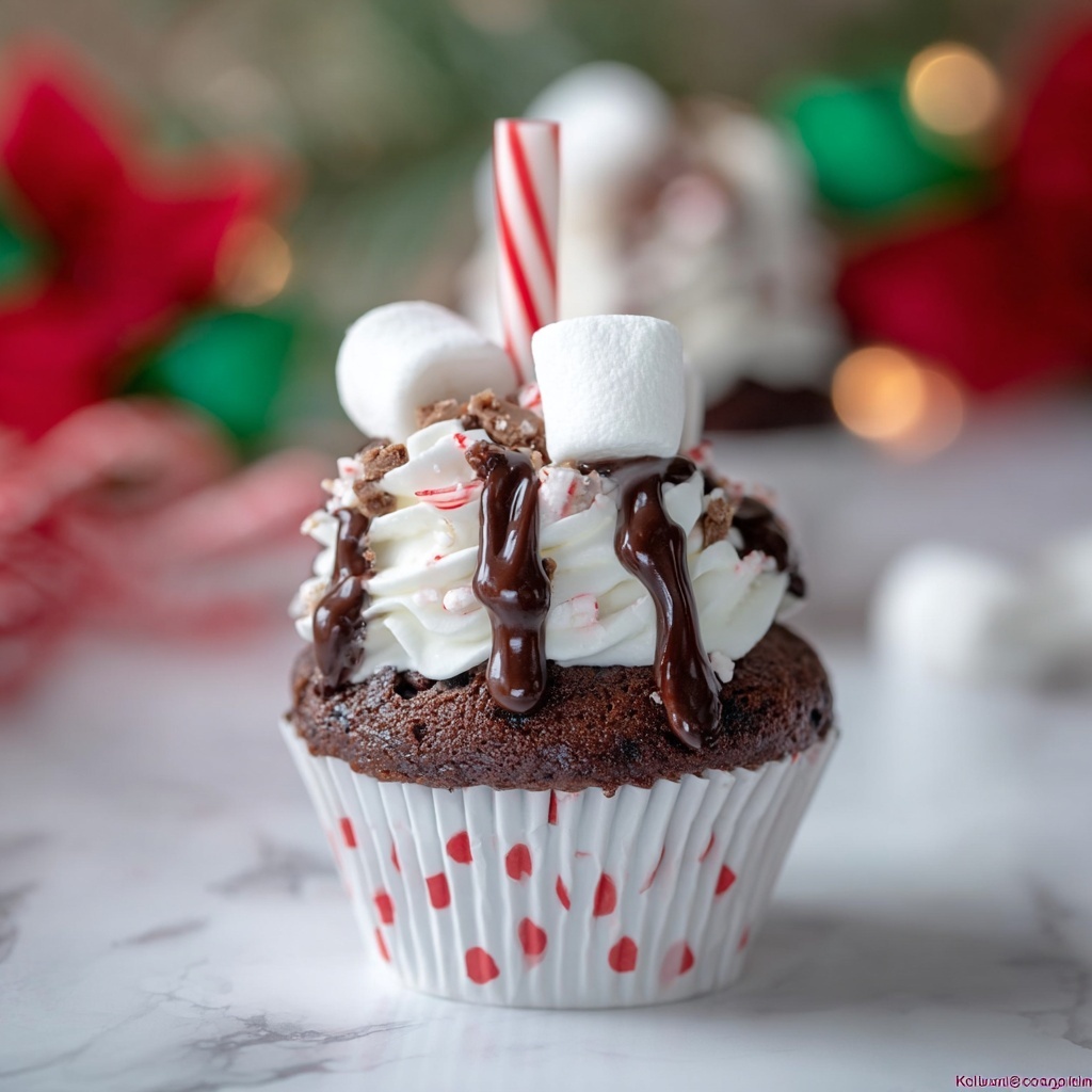 Hot Chocolate Cupcakes with Melty Marshmallow Center and Peppermint Sprinkles Recipe - Recipe Image