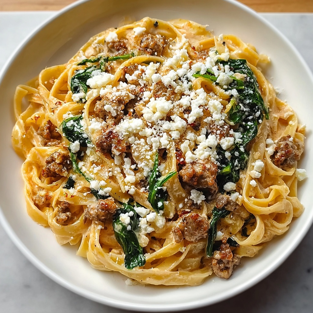 Garlic Butter Cheesy Linguine with Beef, Sausage, and Spinach Recipe - Recipe Image