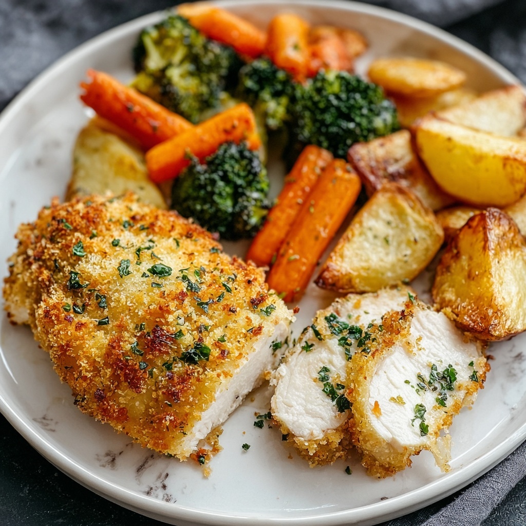 Crispy Parmesan Crusted Chicken with Roasted Veggies Recipe - Recipe Image