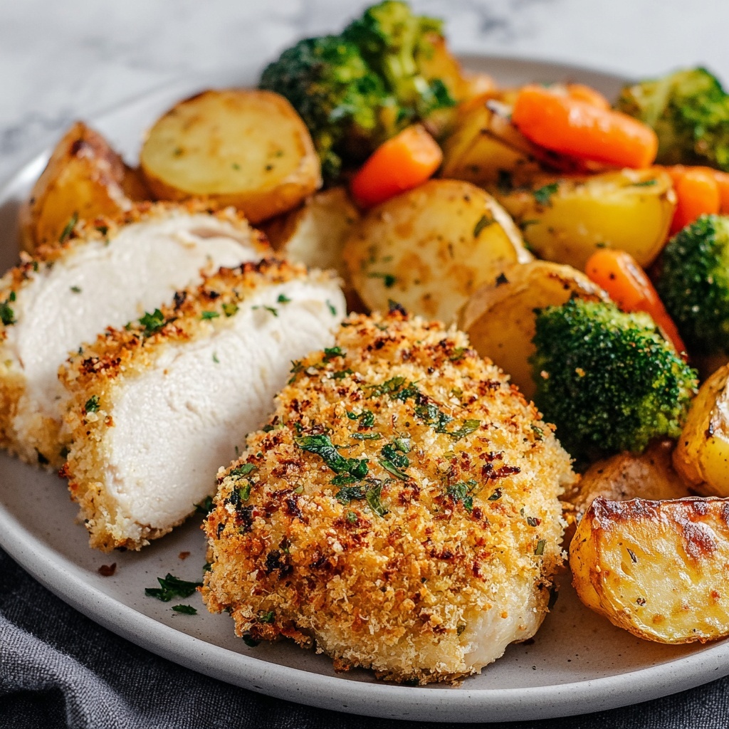 Crispy Parmesan Crusted Chicken with Roasted Veggies Recipe - Recipe Image