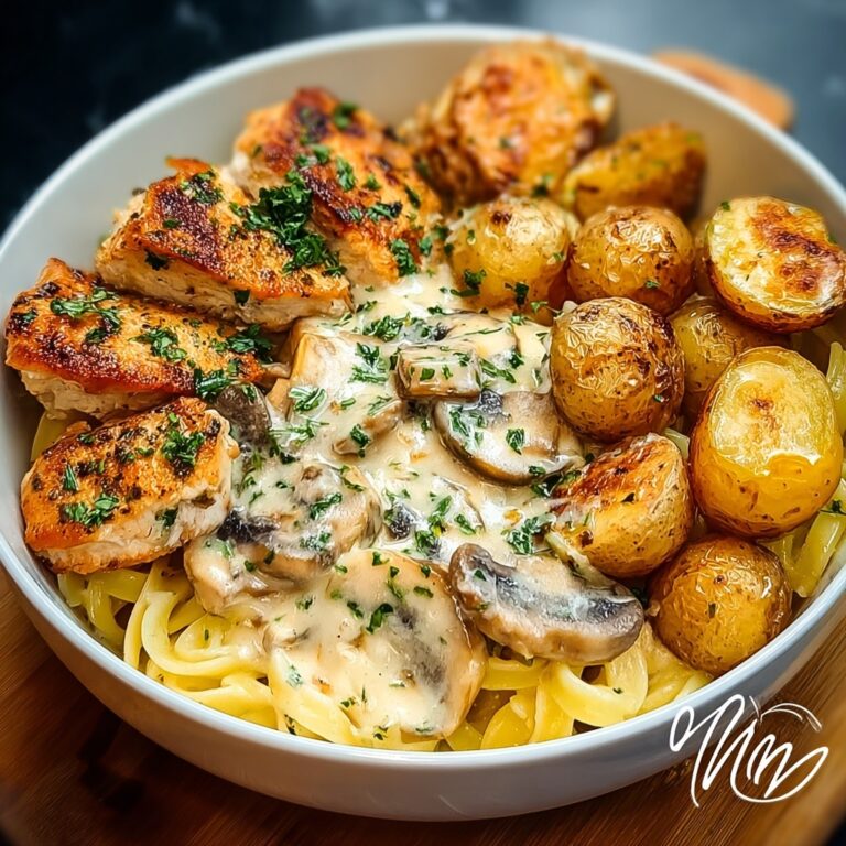Indulgent Creamy Mushroom Chicken Alfredo with Hot Honey Roasted Potatoes Recipe
