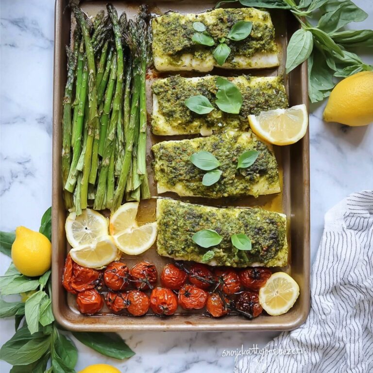 Sheet Pan Salmon and Asparagus with Cherry Tomatoes and Pesto Recipe